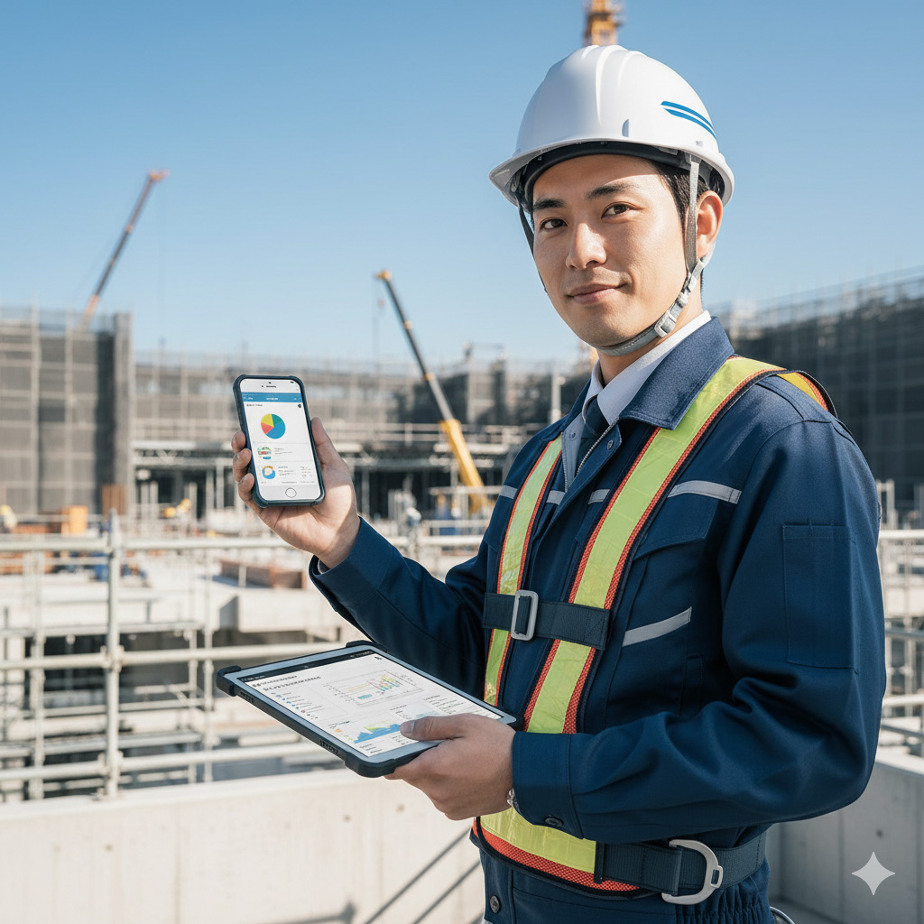 建設現場でスマートフォンを操作する作業員